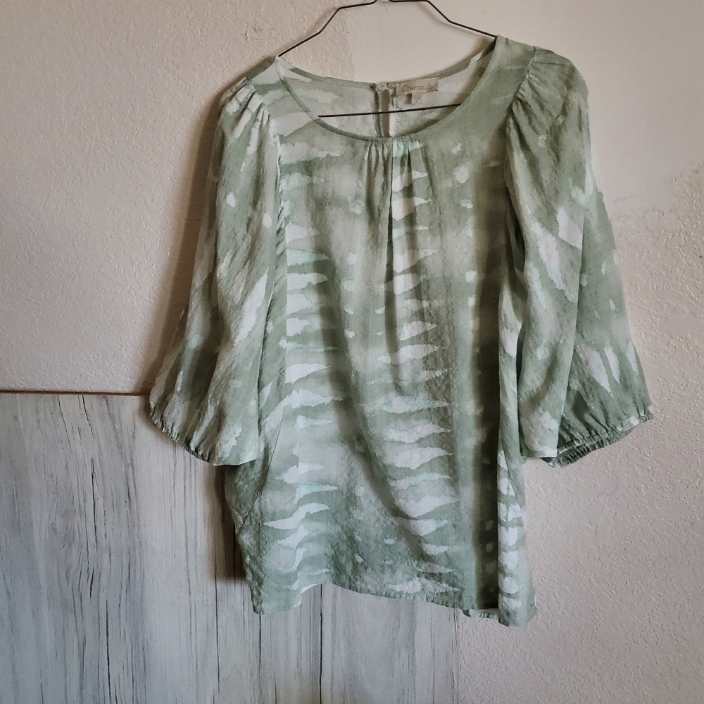 Chenault Rayon Blend Green White Tie Dye Print Pullover Blouse Women's Sz L